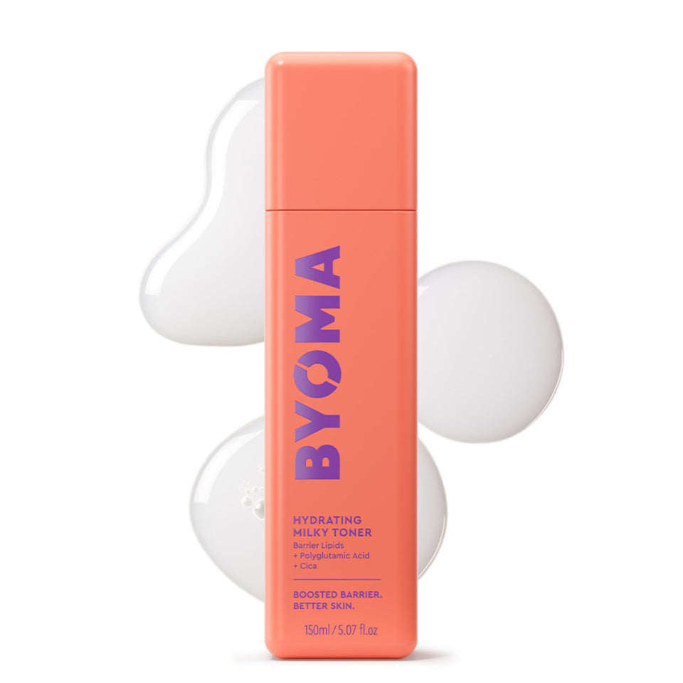 BYOMA bottle front view showing milky toner and dewy finish benefit