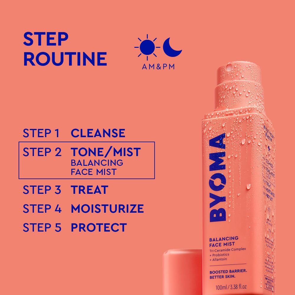 BYOMA person spritzing face to refresh and soothe skin midday