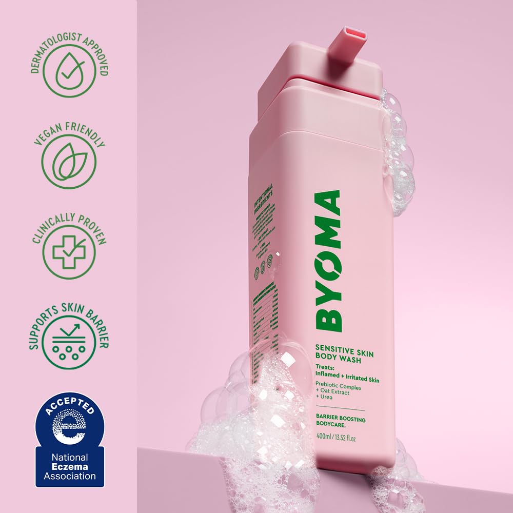 BYOMA bottle in shower setting showing calming routine benefit