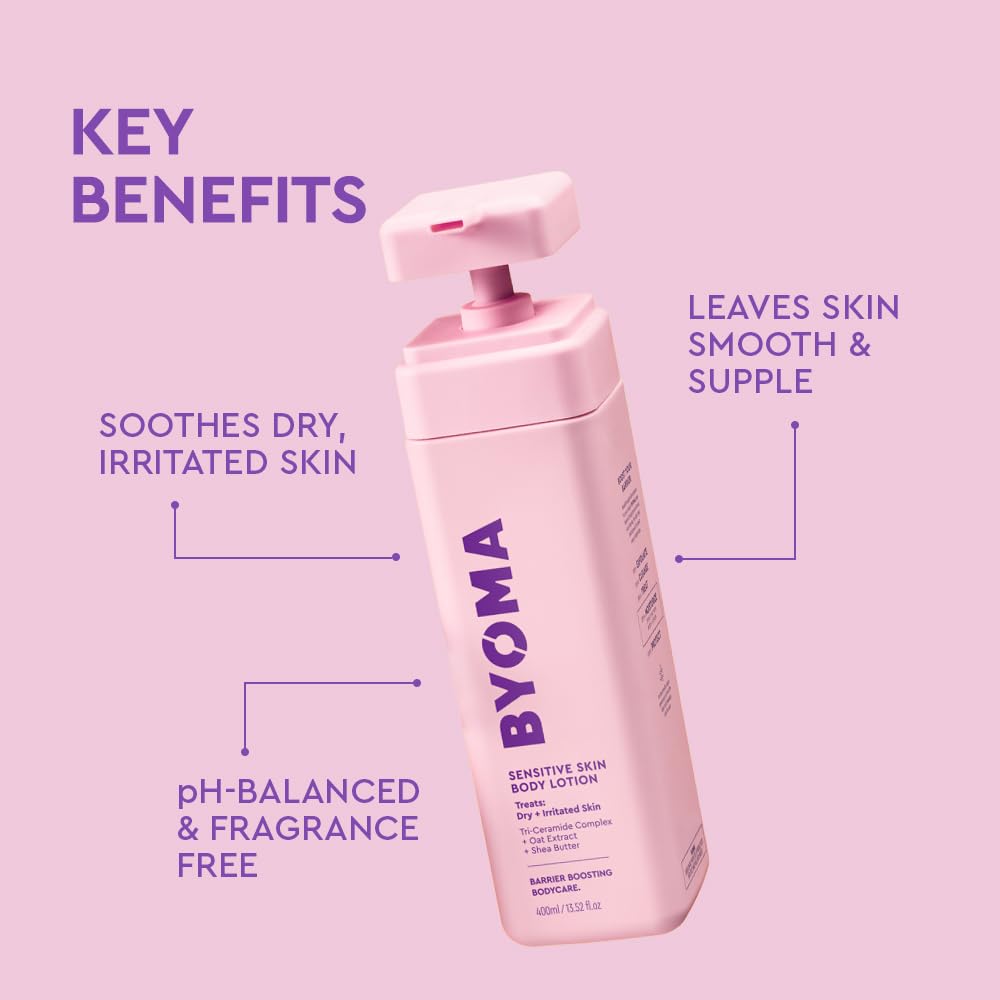 BYOMA dispensing lotion from pump illustrating easy, controlled application benefit