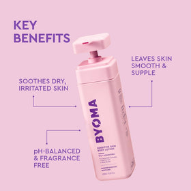 BYOMA dispensing lotion from pump illustrating easy, controlled application benefit