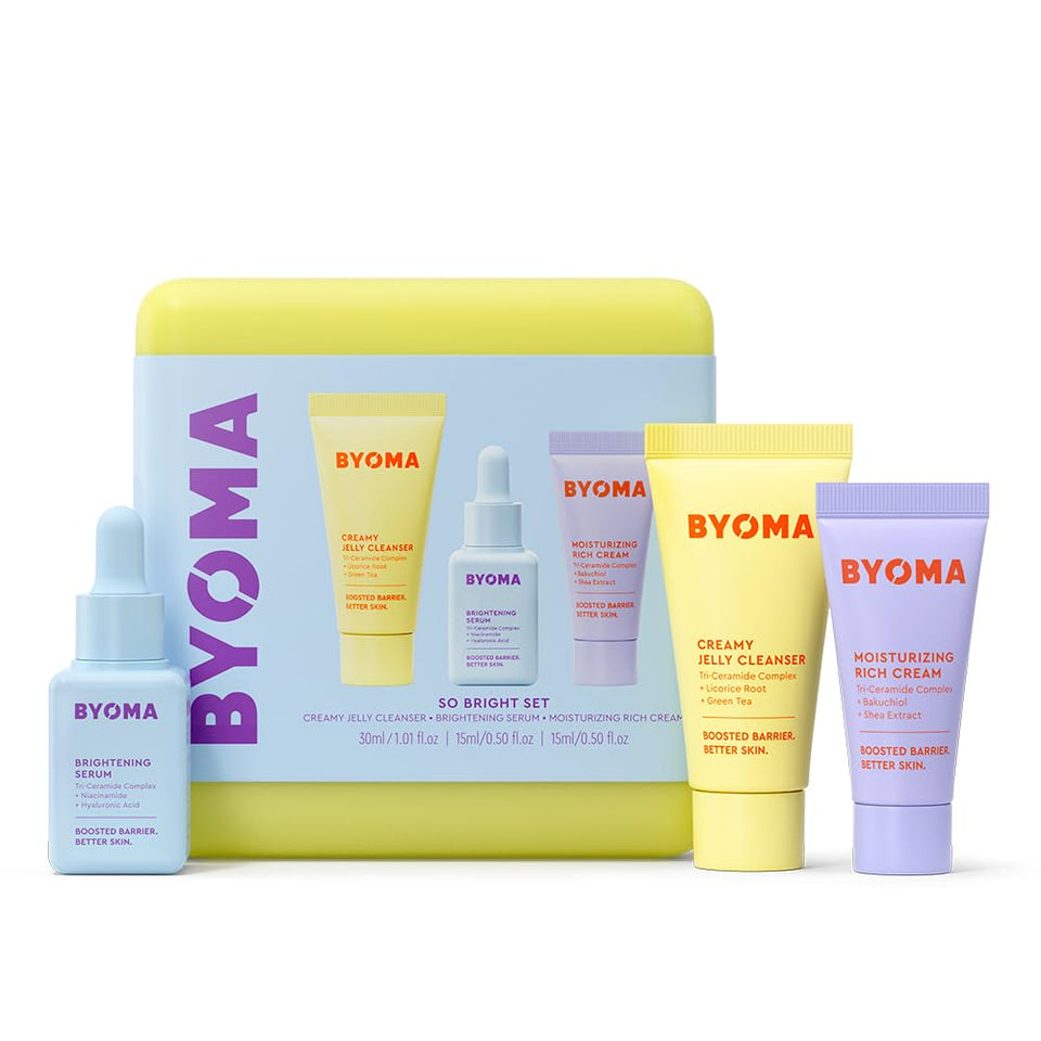 BYOMA So Bright Set front packaging showing all three products and compact travel sizes