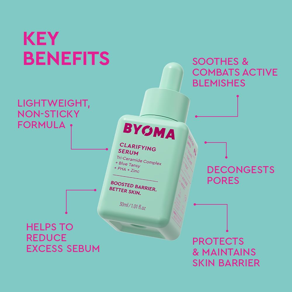 BYOMA clarifying serum texture close-up showing lightweight, fast-absorbing feel