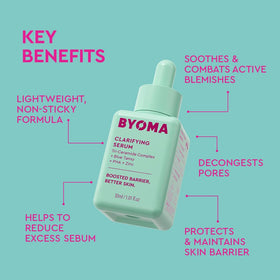 BYOMA clarifying serum texture close-up showing lightweight, fast-absorbing feel