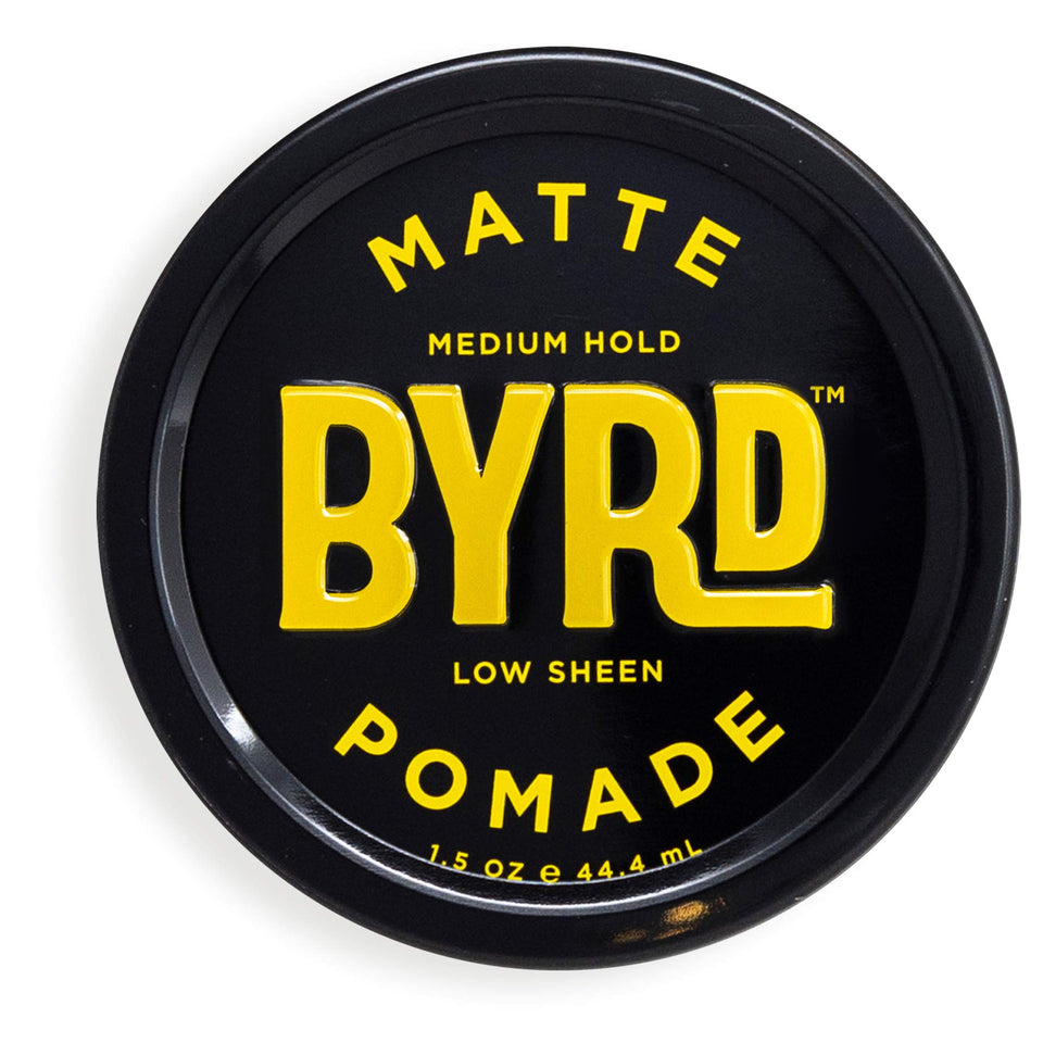 BYRD matte pomade front packaging showing compact travel-ready jar and branding
