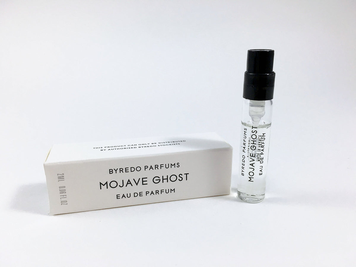 Byredo Mojave Ghost front vial showing label and compact sample benefit