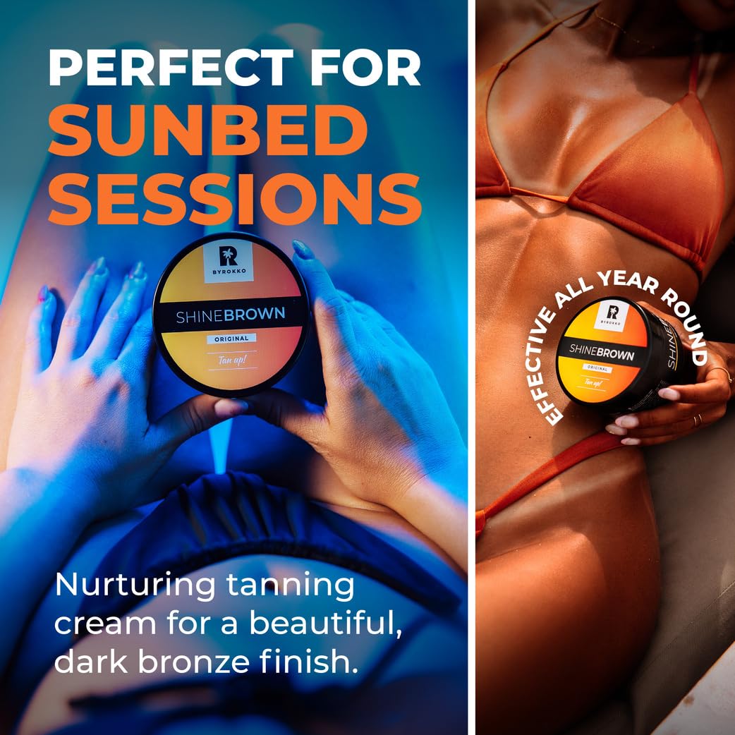 BYROKKO SHINEBROWN used at beach showing outdoor tanning benefit