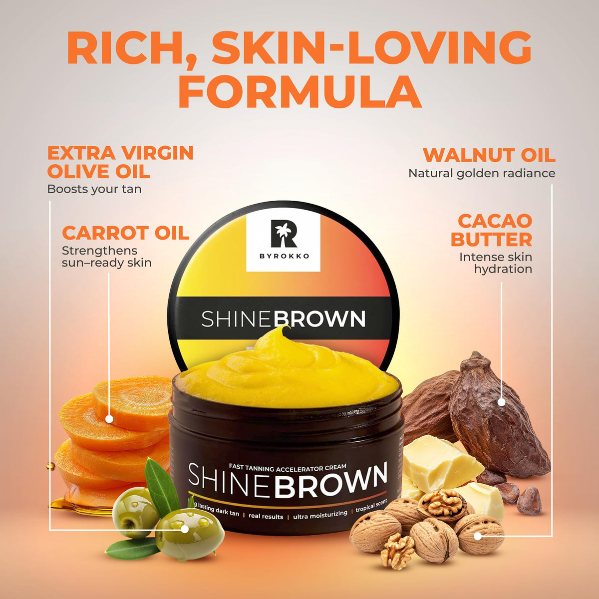 BYROKKO SHINEBROWN applied on skin demonstrating immediate bronzing benefit