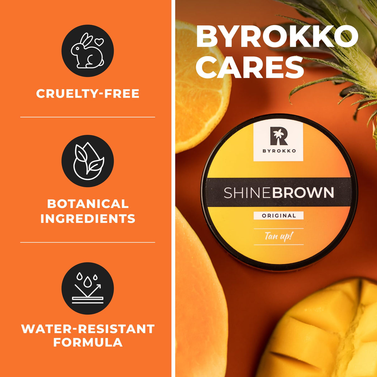 BYROKKO SHINEBROWN label close-up displaying ingredient transparency benefit