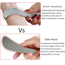 BYYDDIY C-shaped scraper held with both hands demonstrating ergonomic grip for back and calves