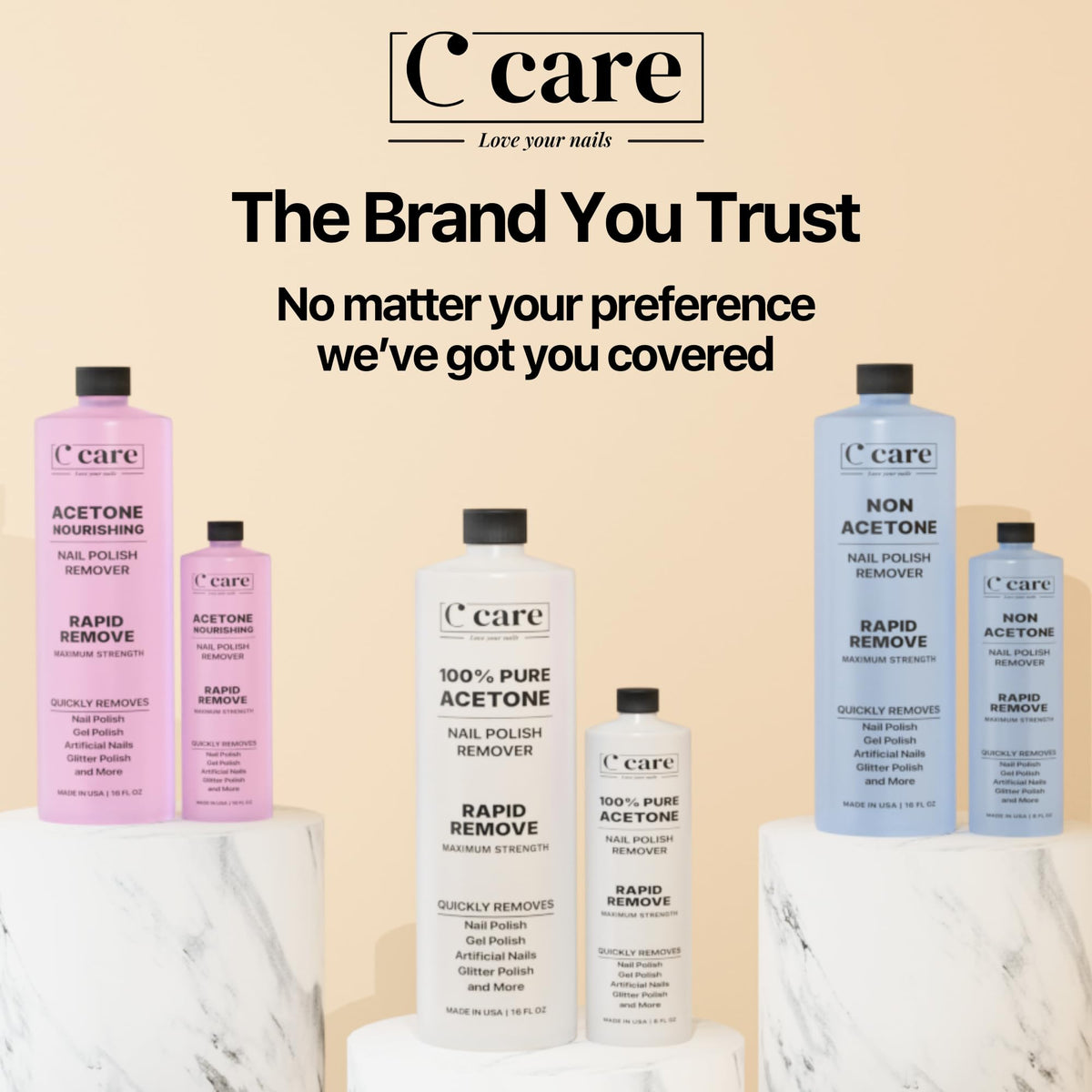 C CARE next to ruler for scale showing 8 fl oz capacity and long-lasting supply benefit