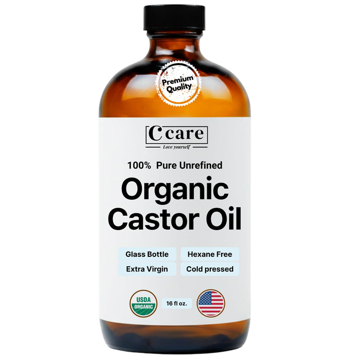 C CARE front packaging amber glass bottle showing organic label and purity benefit