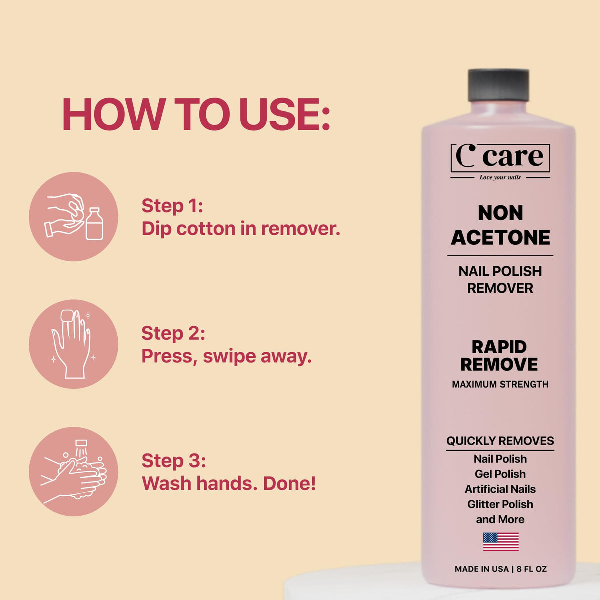 C CARE before and after nails image showing effective polish removal benefit