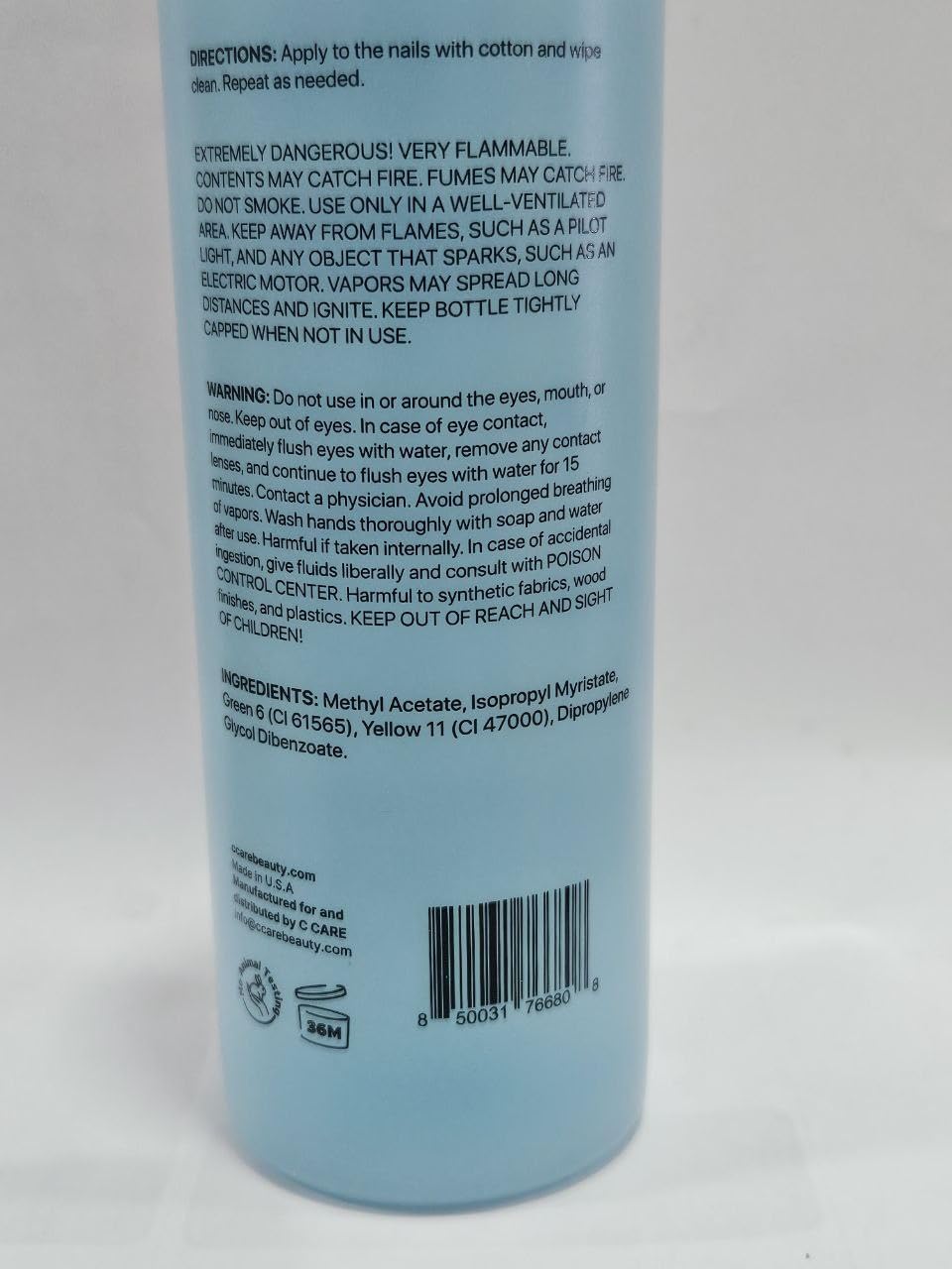 C CARE remover pouring detail highlighting smooth liquid texture for effective polish removal