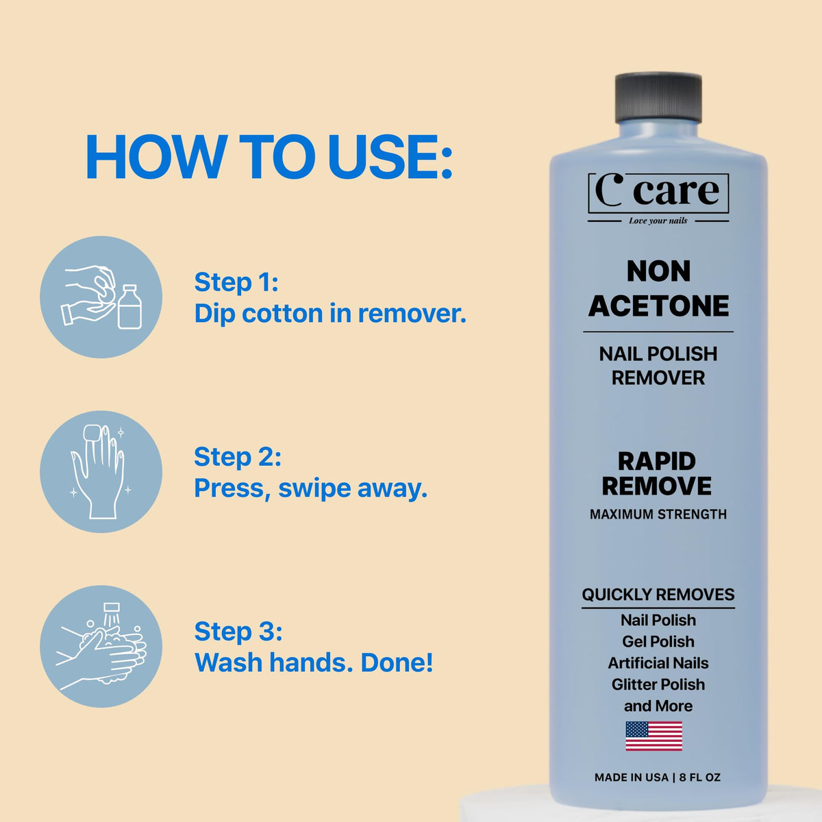C CARE bottle next to ruler for size comparison and easy measure of 8 fl oz