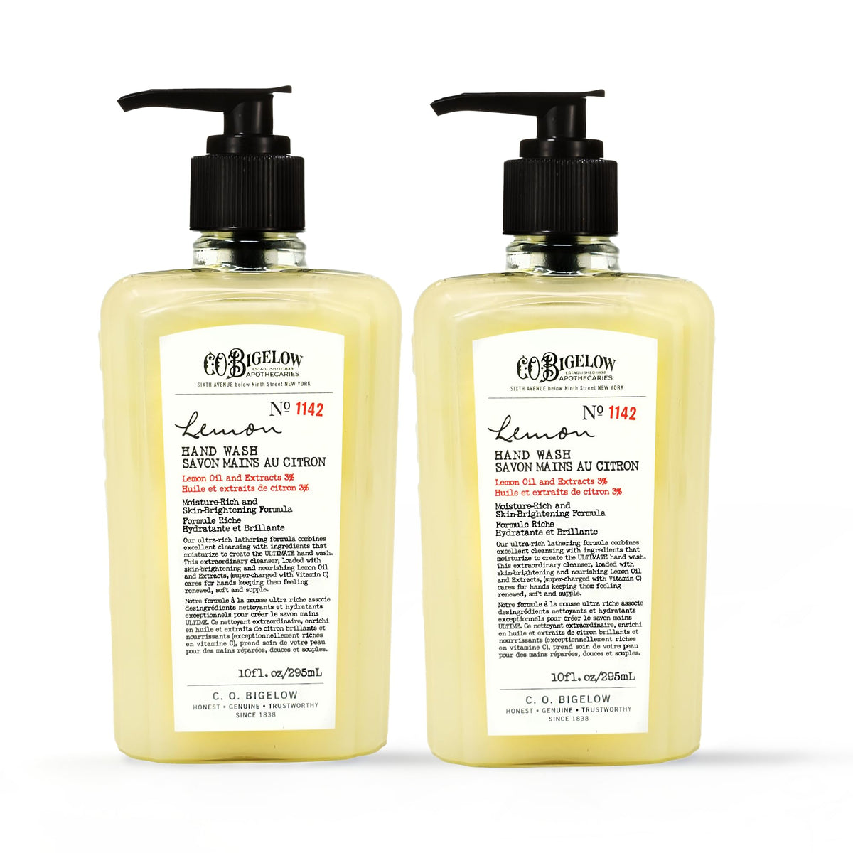 C. O. Bigelow front bottles showing lemon hand wash and refreshing benefit