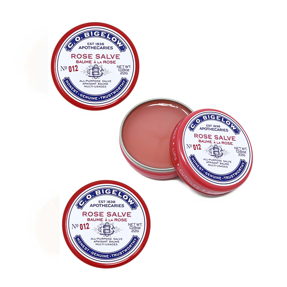 C. O. Bigelow front view of three rose salve tins showing packaging and portability benefit