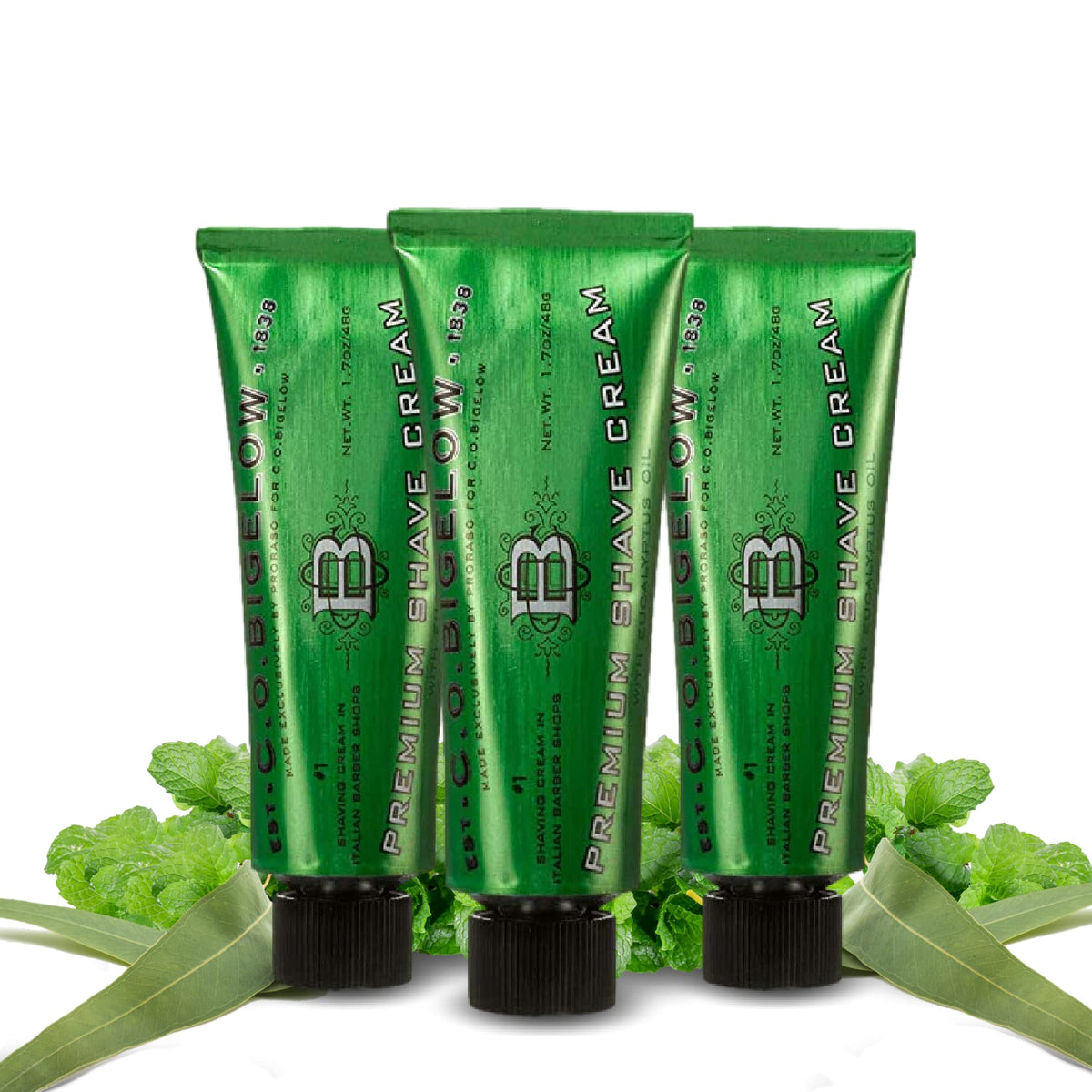 C.O. Bigelow travel pack front view showing three compact tubes and benefits