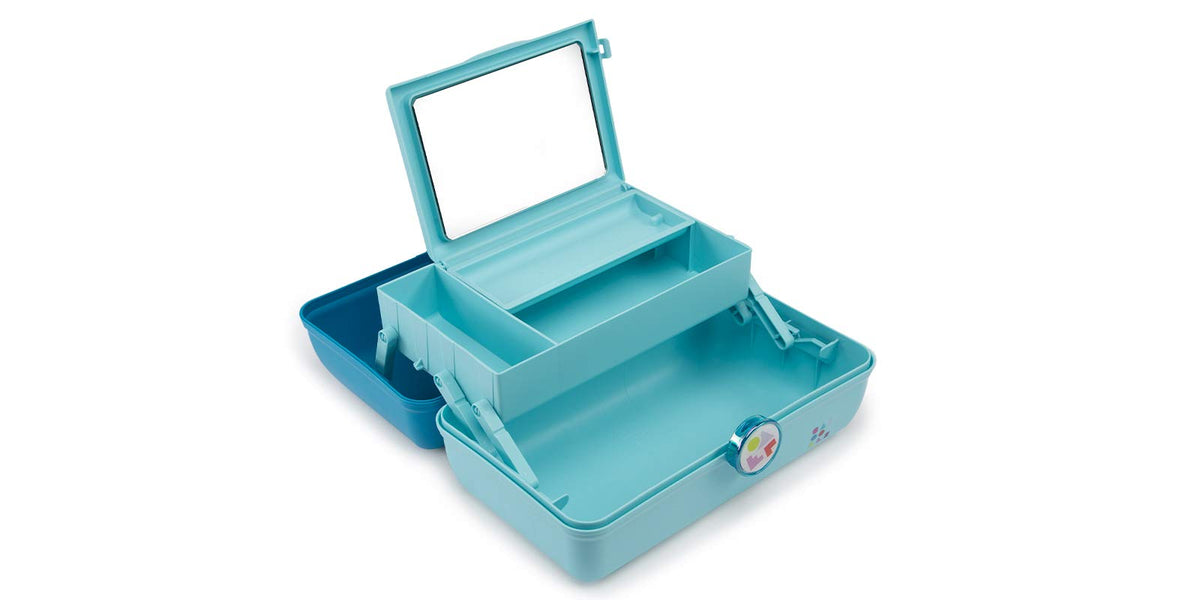 Caboodles auto-open tray detail with compartments for organized easy access