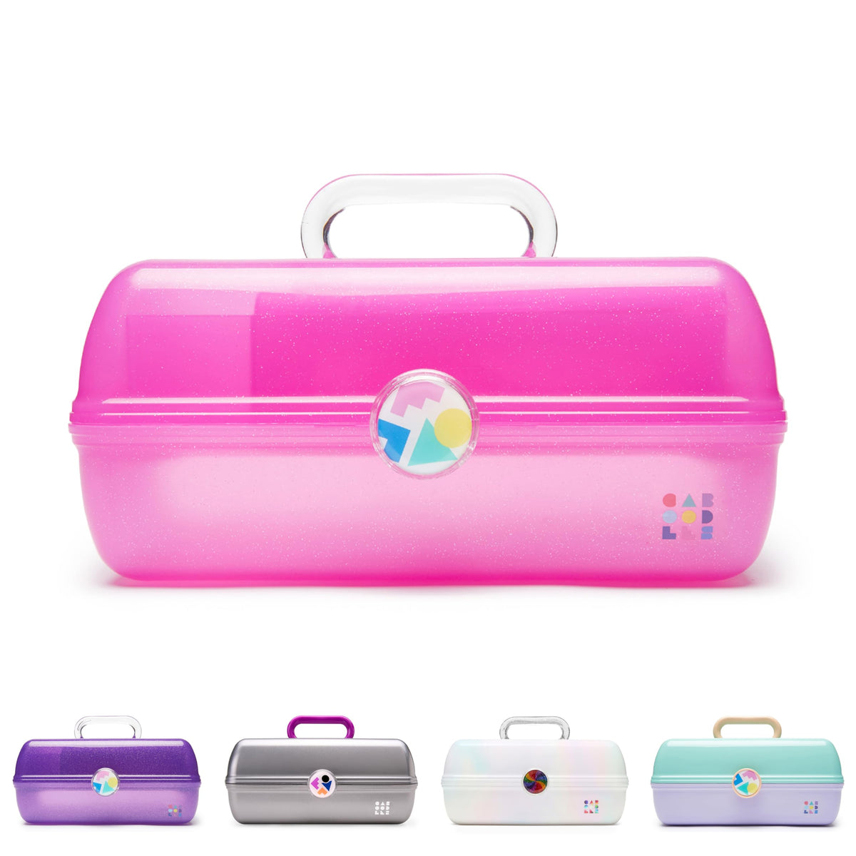 Caboodles front view hot pink sparkle showing latch and handle for stylish protection