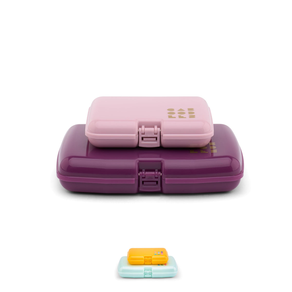 Caboodles front view of pink and violet cases showing compact design and portability
