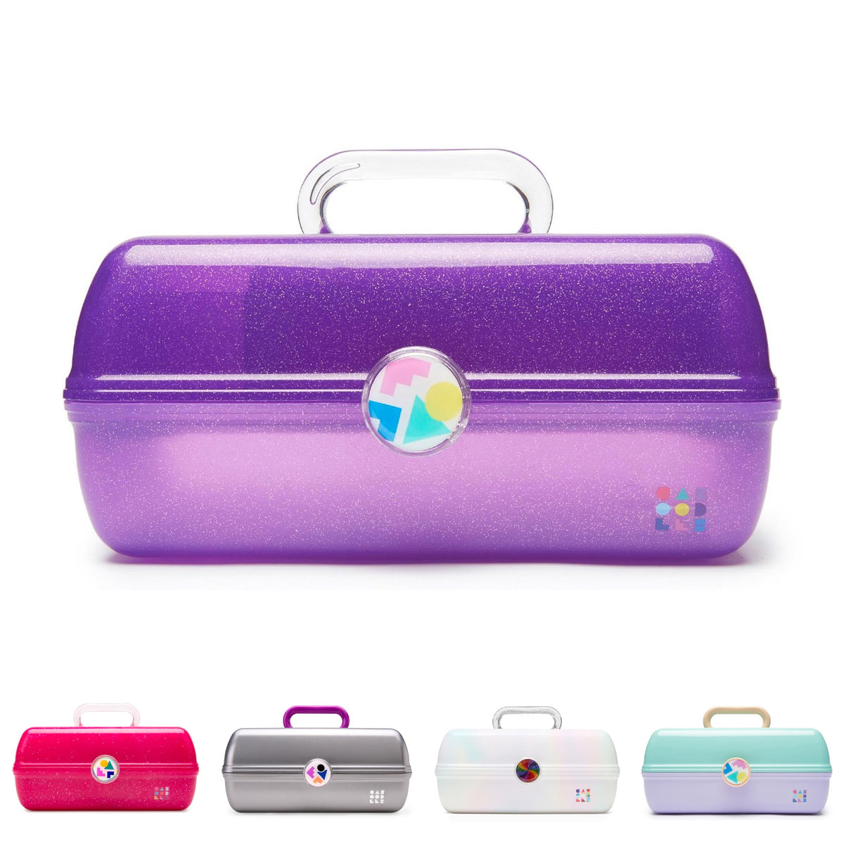 Caboodles front view purple sparkle case showing latch and handle for secure travel