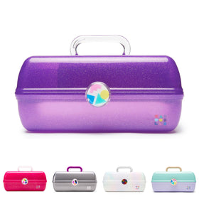 Caboodles front view purple sparkle case showing latch and handle for secure travel