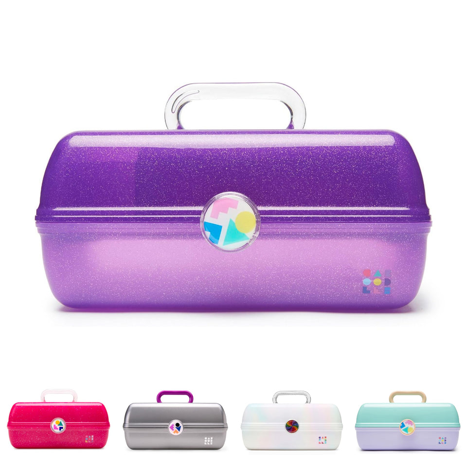 Caboodles front view purple sparkle case showing latch and handle for secure travel