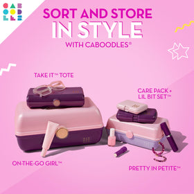 Caboodles case inside backpack demonstrating portability and convenience