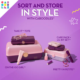 Caboodles inside a suitcase for scale showing compact travel-friendly storage