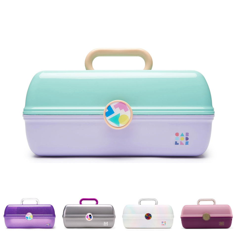 Caboodles front view showing seafoam on lavender case and compact portability