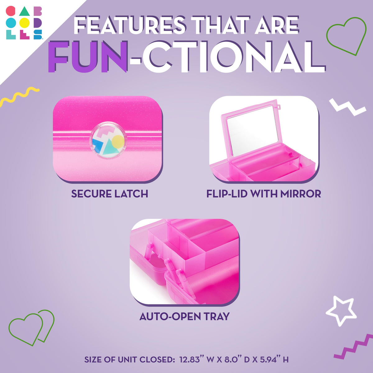 Caboodles top tray detail showing compartments and easy organization benefits