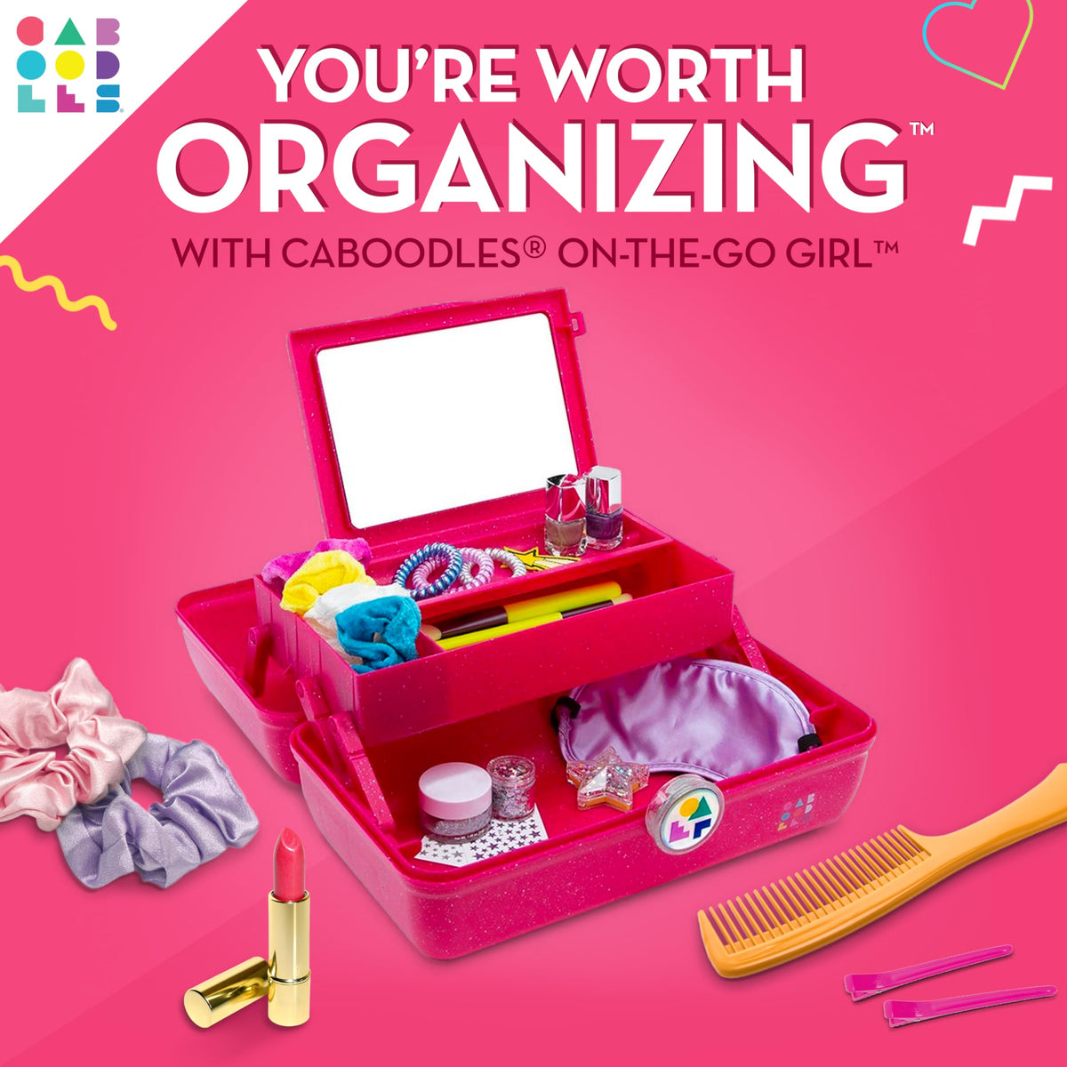 Caboodles open top view with tray and mirror for quick touch-ups benefit
