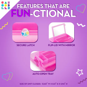 Caboodles open top view displaying removable three-compartment tray and mirror for organization