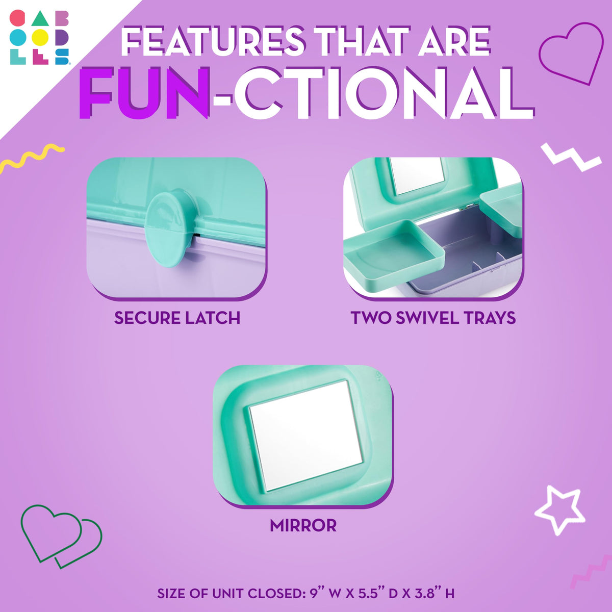 Caboodles open interior displaying two swivel trays and mirror for organized quick touch-ups
