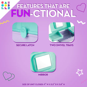 Caboodles open interior displaying two swivel trays and mirror for organized quick touch-ups