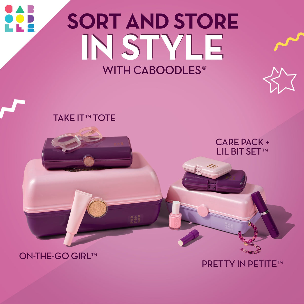 Caboodles next to hand and purse to show scale and easy carrying convenience