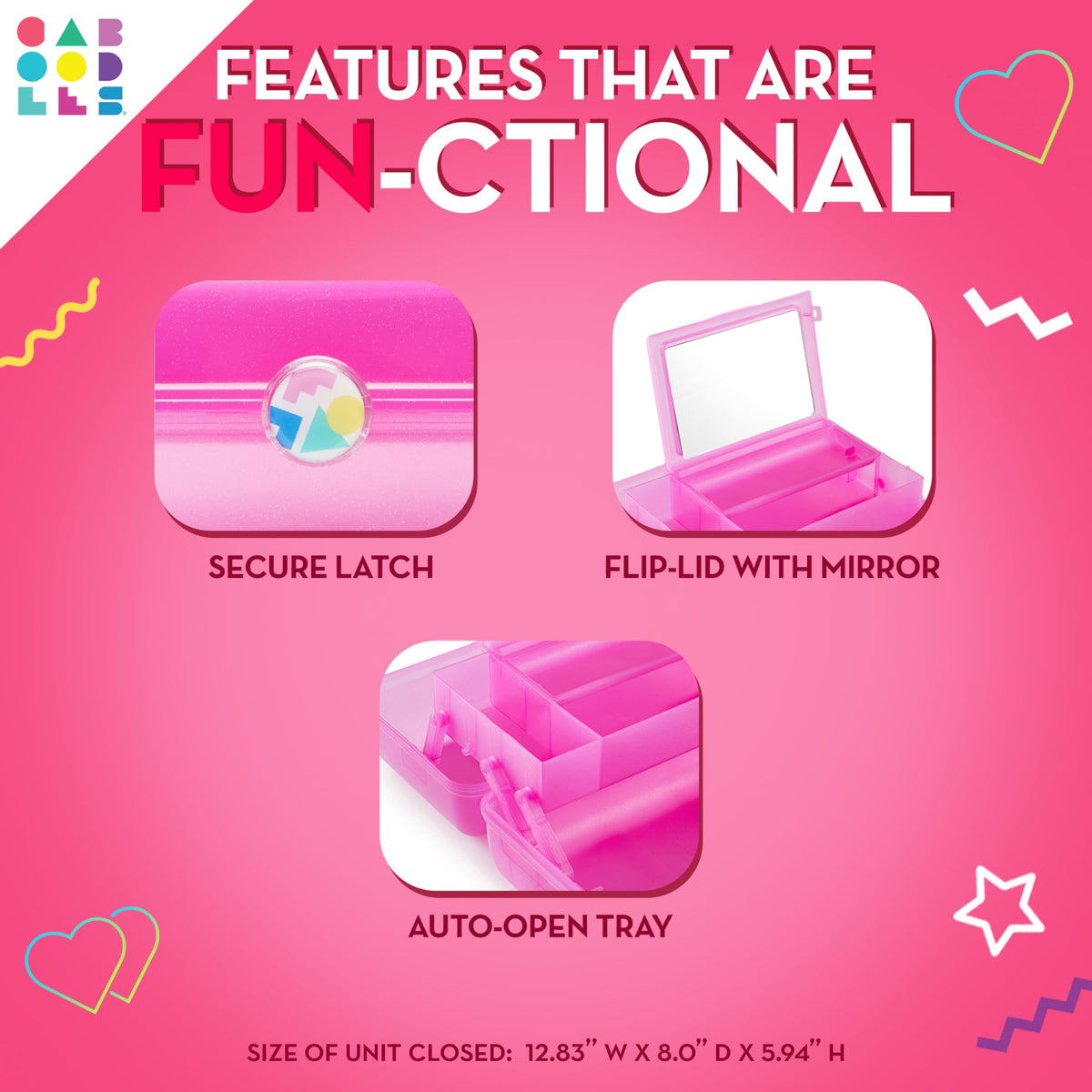 Caboodles close-up of secure latch and handle offering travel-ready protection benefit