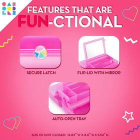 Caboodles close-up of secure latch and handle offering travel-ready protection benefit