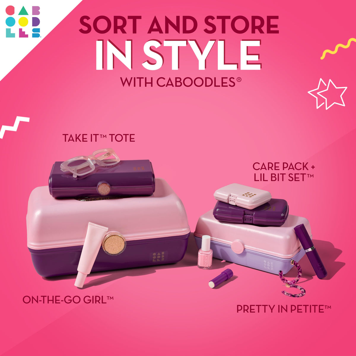 Caboodles beside a backpack to show compact size and easy packing benefit