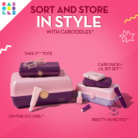 Caboodles beside a backpack to show compact size and easy packing benefit
