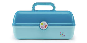 Caboodles turquoise exterior front view showing secure latch and compact portability