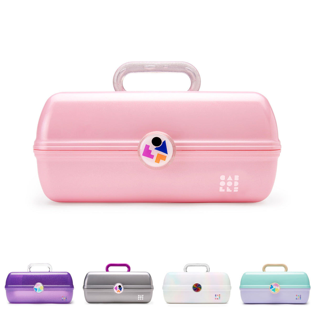 Caboodles front view showing pink sparkle case and secure latch for travel