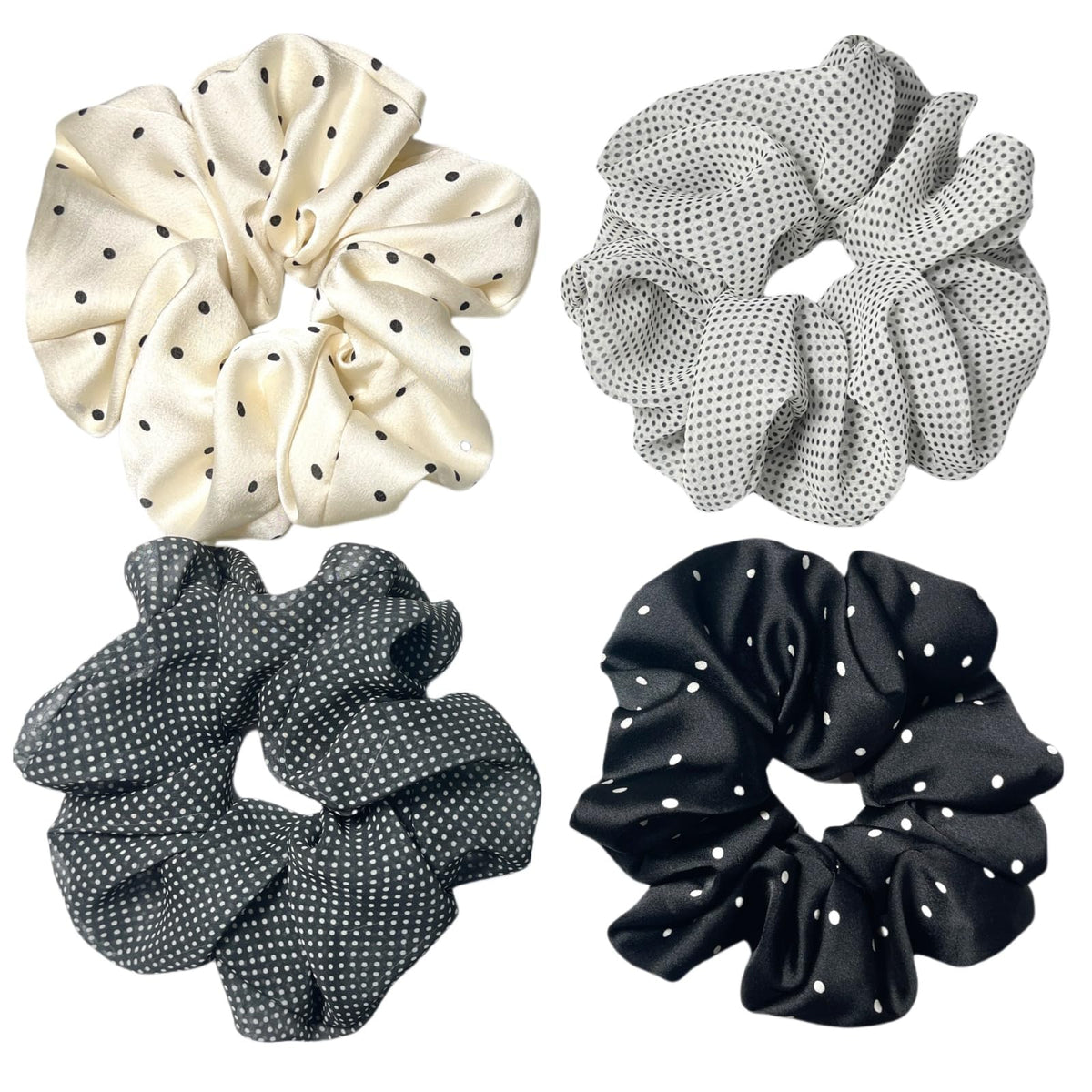 CAFUDEYE front view showing BW DOT satin scrunchie, secure hold benefit
