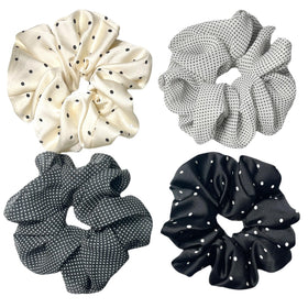 CAFUDEYE front view showing BW DOT satin scrunchie, secure hold benefit