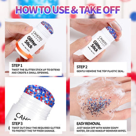 CAHOTO glitter stick held in hand showing compact 1.2oz size for portability