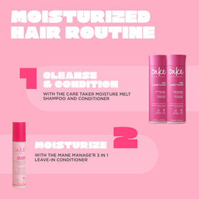 Cake Beauty bottle on bathroom shelf suggesting routine placement and convenience