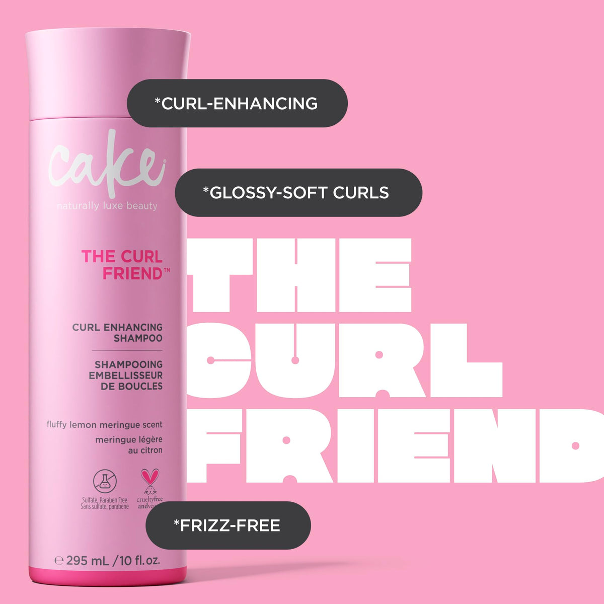 Hand holding Cake Beauty bottle to show Curl Friend size and portability