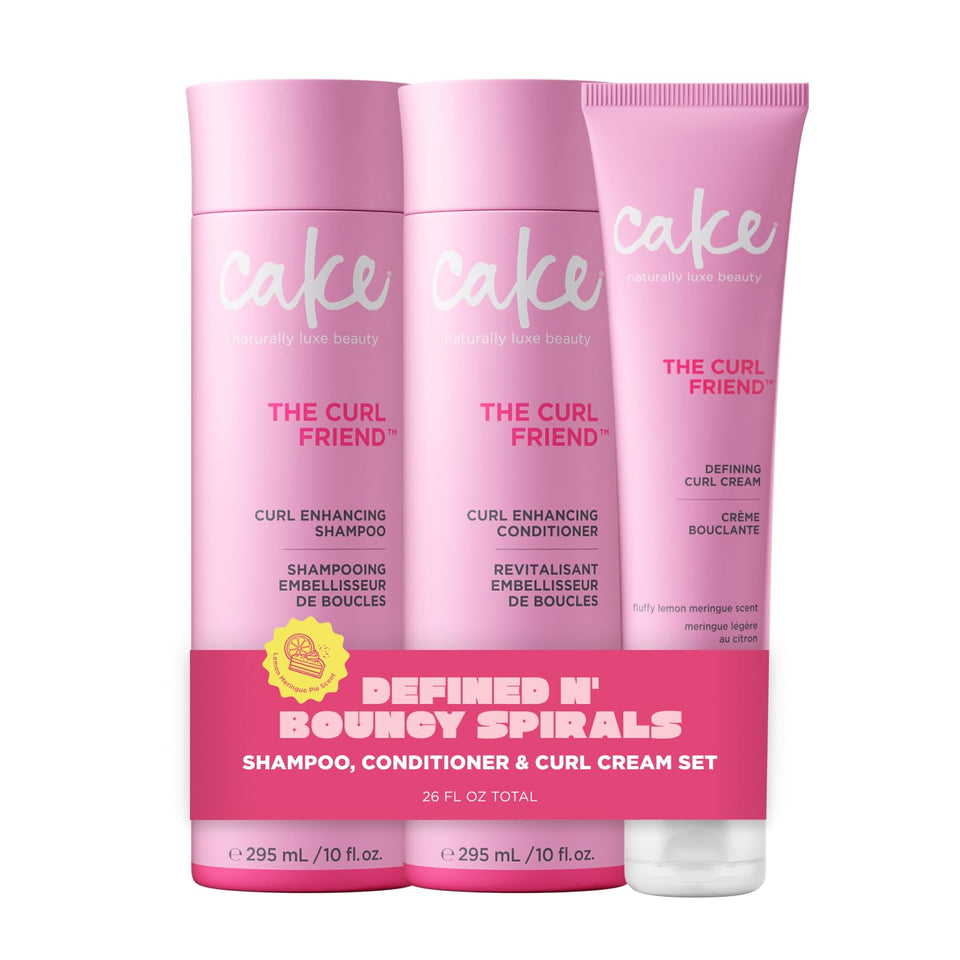 Cake Beauty front packaging showing shampoo, conditioner and cream — clear trio for coordinated curl care