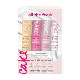 Cake Beauty hand cream set front packaging showing four tubes and benefits